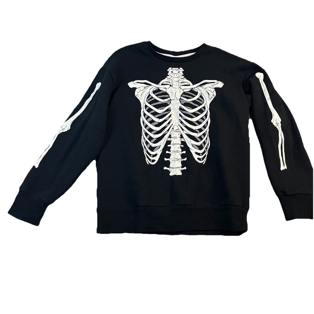 Way to Celebrate Halloween Black White Skeleton Sweater Youth Kids Size L 10-12